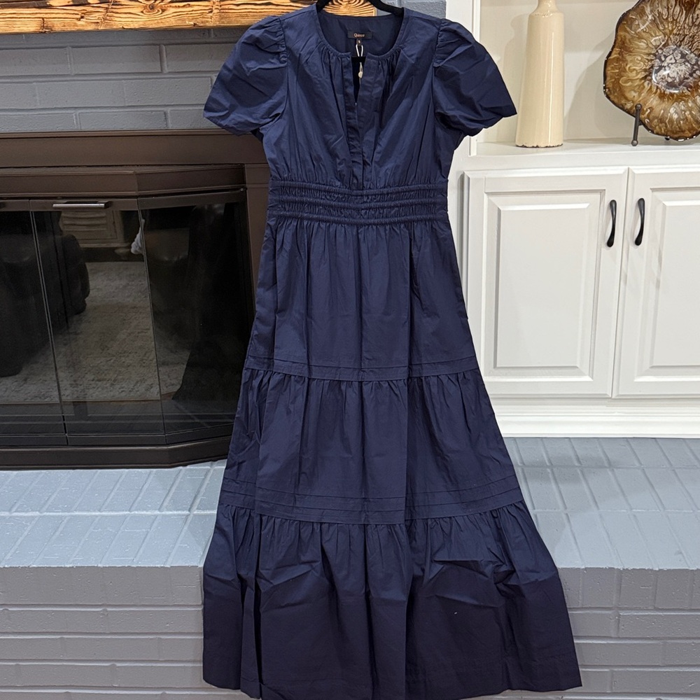 Quince Navy Blue Organic Cotton Tiered Maxi Dress sz S Women's Pockets Poplin